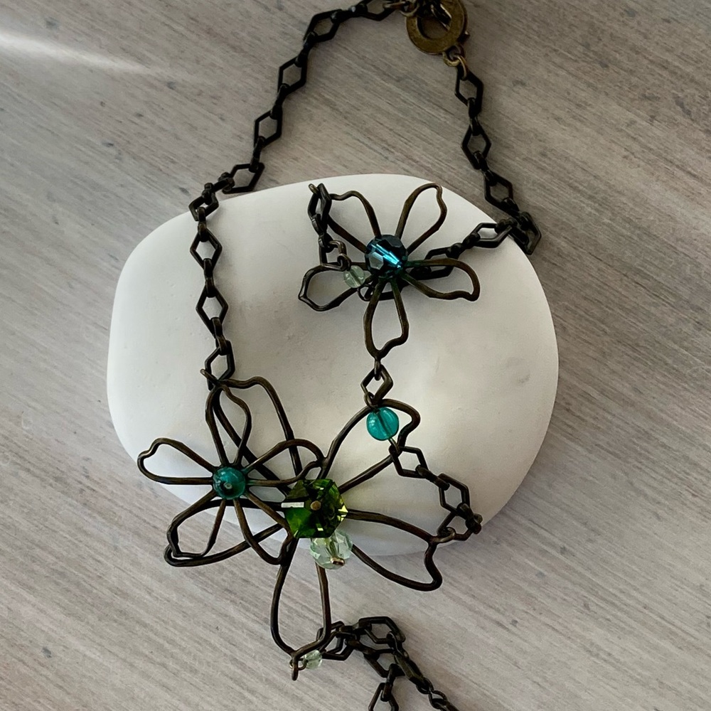 Handcrafted Bronze Stella Candente Necklace with Blue & Green Glass Stones.